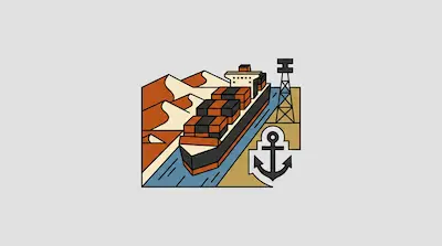 A container ship navigates a canal between sand dunes and a tower, with a large anchor icon in the foreground.