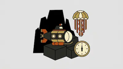 A stylized submarine, jellyfish, and clock are arranged among dark geometric shapes and jagged peaks.