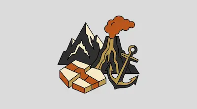 Mountains, a volcano with orange smoke, an anchor, and a stack of rectangular blocks.