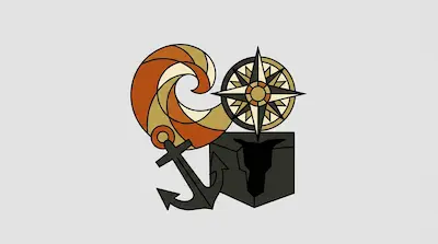 A collection of stylized nautical icons including a wave, a compass rose, an anchor, and a dark grey cube.