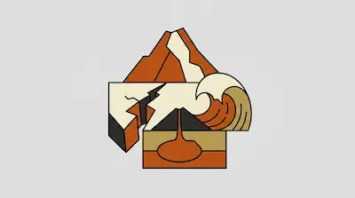 A stylized, geometric design featuring a mountain, a fault line, a tsunami wave, and a volcanic cross-section.