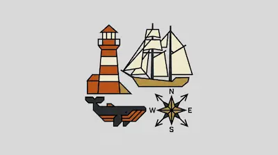 A collection of four geometric nautical icons: a lighthouse, a sailing ship, a whale, and a compass rose.