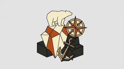 A polar bear stands atop a geometric iceberg next to a compass rose and an anchor.