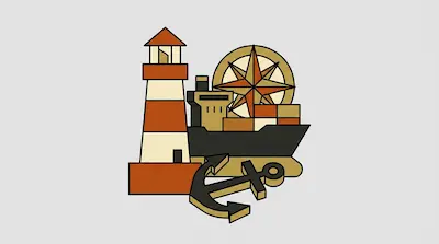 A lighthouse, cargo ship, compass rose, and anchor grouped together.
