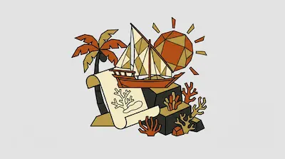 A geometric scene featuring a dhow boat, a palm tree, a faceted sun, and a scroll with a coral sketch.