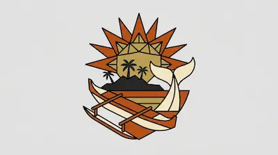 A geometric emblem featuring a sun, palm trees on an island, a whale tail, and an outrigger canoe in shades of orange, tan, and black.