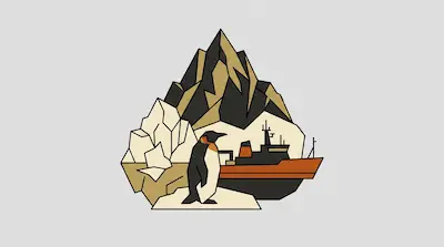 A stylized penguin stands on an ice floe in front of a ship and a jagged mountain.