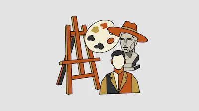 Flat illustration of an artist easel, a paint palette, and a stone bust wearing a hat on a light gray background