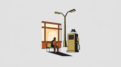 Flat illustration of a lonely figure on a bench by a gas pump and a street lamp under a pale grey sky