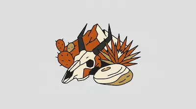 Flat illustration of an animal skull, prickly pear cactus, and desert mountains in orange and cream tones