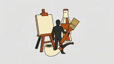 Flat illustration of a black silhouette figure holding a large brush next to an easel, a bottle, and a smoking pipe