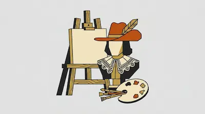 Flat illustration of an artist bust wearing a feathered hat next to a wooden easel and a paint palette with brushes