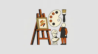 Flat illustration of an easel with a canvas, a paint palette, a brush, a bust, and a stylized figure on a gray background