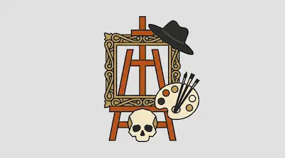 Flat illustration of a wooden easel with an ornate frame, a black fedora, a paint palette, and a skull on a gray background
