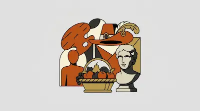 Flat illustration of a classical bust, a fruit basket, and an artist palette in orange, tan, and black tones.