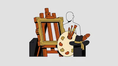 Flat illustration of an artist easel with a gold frame, a paint palette with brushes, and a human silhouette