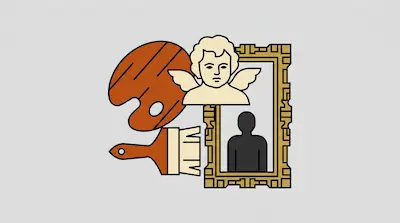 Flat illustration of an artist palette, a paintbrush, a cherub bust, and a framed silhouette on a gray background