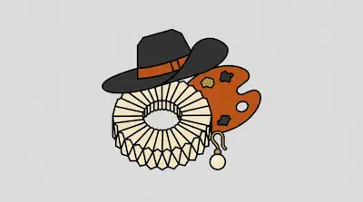 A black hat with an orange band, a white pleated ruff collar, an orange artist's palette, and a pearl earring.