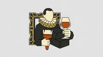 A faceless figure in a ruff collar holds a paintbrush and a wine glass while emerging from a picture frame.