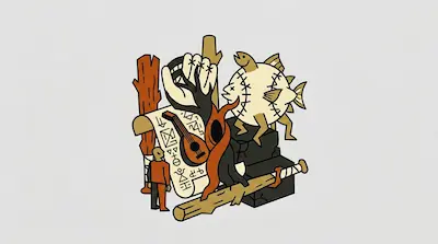 Flat illustration of a baseball fish, a lute, and a small human figure among abstract shapes on a light grey background