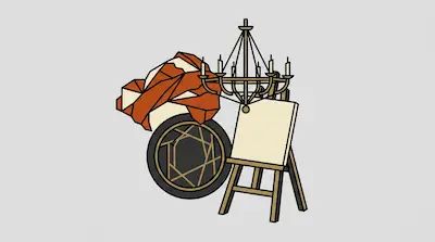 Flat illustration of an artist easel, a golden chandelier, and a geometric orange cloth on a light gray background