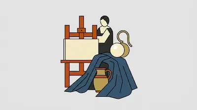 A person stands behind an easel with a blank canvas, next to a blue cloth, a jug, and a large pearl.