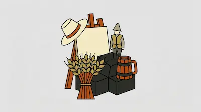 An artist's easel with a blank canvas and hat, a bundle of wheat, a wooden tankard, and a small figurine arranged on dark blocks.