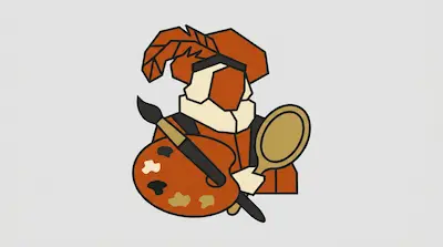 A geometric figure wearing a feathered hat and ruff collar holds a paint palette and a hand mirror.
