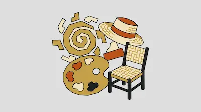 A stylized arrangement of a spiral sun, a straw hat, a painter's palette, and a woven chair.