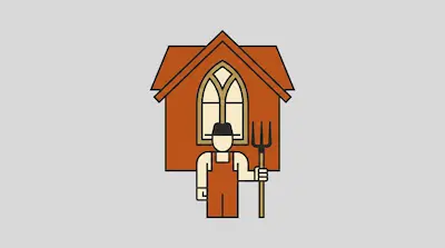 A minimalist farmer holding a pitchfork stands in front of a house with a gothic window.