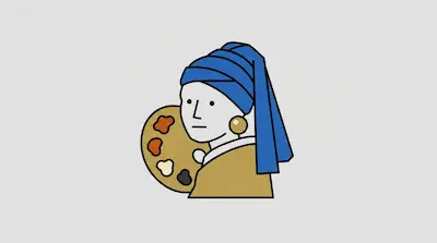 A minimalist figure with a blue headscarf and a large gold earring holds a painter's palette.