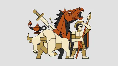 Flat illustration of a Greek soldier, a screaming horse, a bull, and a broken sword in a geometric stained glass style