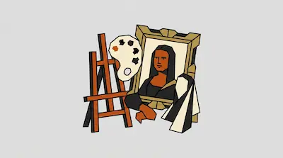 A wooden easel stands next to a paint palette and a framed portrait of a woman.