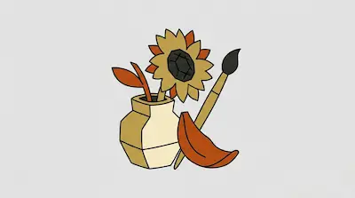 Flat illustration of a sunflower in a geometric vase next to a paintbrush and a fallen leaf on a gray background