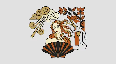 Flat illustration of a woman with flowing hair behind a seashell, featuring stylized clouds and floral elements