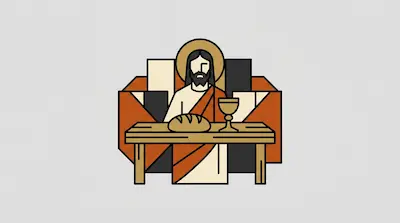Flat illustration of a bearded man with a halo sitting at a table with a loaf of bread and a chalice on a gray background