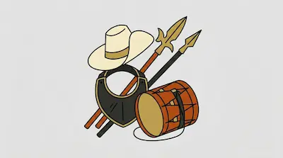 Flat illustration of a cowboy hat, a drum, and two spears arranged together on a light grey background
