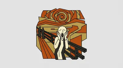 A minimalist, geometric recreation of a figure screaming on a bridge under a swirling orange sky.