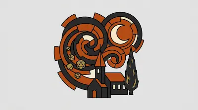 A stylized graphic of a church and cypress tree under a swirling orange and black sky with a crescent moon and polyhedral dice.