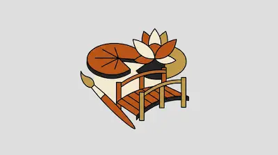 Flat illustration of a wooden bridge, a lotus flower, and a paintbrush in warm earth tones on a light gray background