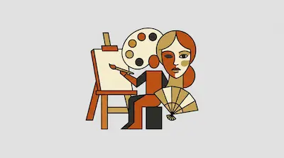 Flat illustration of an artist at an easel with a palette, a folding fan, and a stylized woman's face in warm tones
