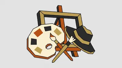 A geometric arrangement of a painter's palette, two brushes, an easel, a frame, and a hat.