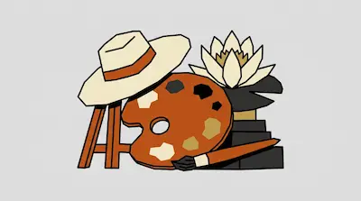 A straw hat, an easel, a painter's palette, a paintbrush, and a lotus flower are grouped together.