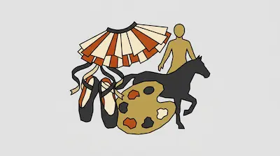 A collection of stylized icons including a striped tutu, ballet slippers, an artist's palette, a horse, and a human figure.