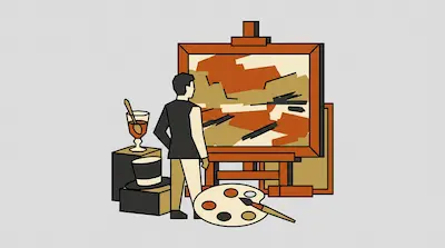 A person stands before an easel painting an abstract scene in shades of orange and tan. A palette, brush, top hat, and glass are also visible.