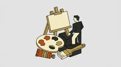 An artist stands at an easel with a blank canvas, a palette, a paint tube, and a large paintbrush.