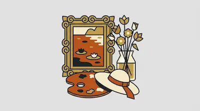 A framed painting of water lilies is displayed alongside a vase of flowers, a painter's palette, and a sun hat.