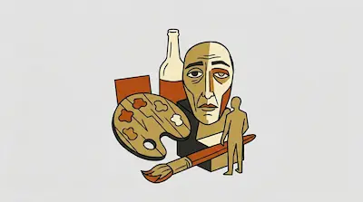 Flat illustration of an artist's palette, a large paintbrush, and a stylized human face on a light gray background