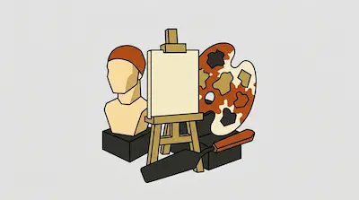 Flat illustration of an artist's easel, a wooden palette, and a mannequin bust on a light gray background