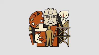 Flat illustration of an Olmec head, a painter's palette, and a calla lily flower in earthy tones on a grey background